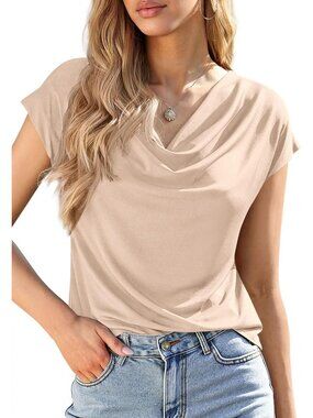 Women's Blouses Dressy Apricot Casual Summer Cowl Neck Short Sleeves Tops